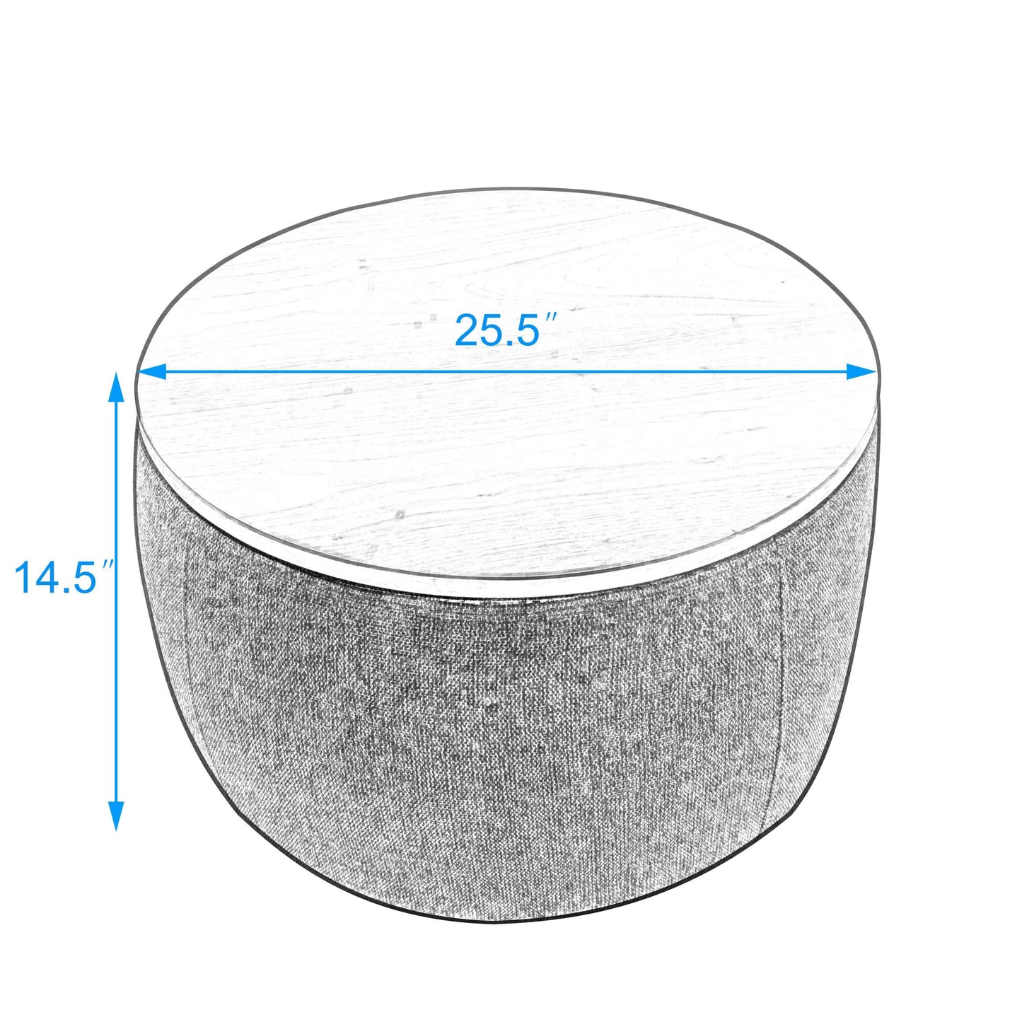 Round Storage Ottoman, 2 in 1 Function, Work as End table and Ottoman, Grey (25.5"x25.5"x14.5")