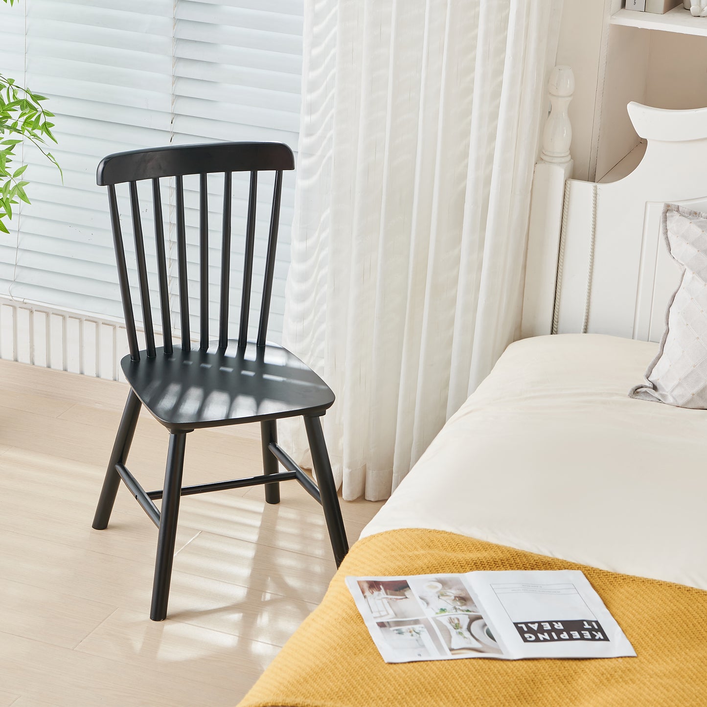 Black Rubber Wood Dining Chairs Set of 4 Simple Natural Solid Wood Living Room Seating