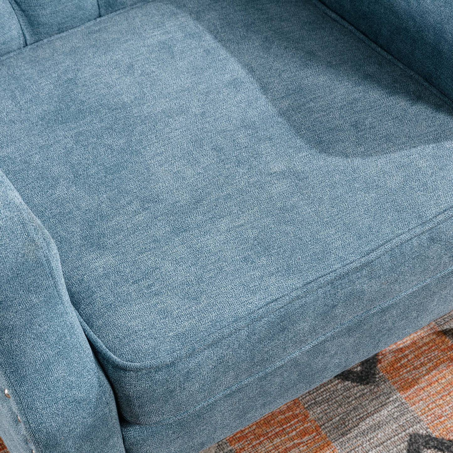 Blue Accent Chair, Living Room Chair, Footrest Chair Set with Vintage Brass Studs, Button Tufted Upholstered Armchair for Living Room, Comfy Reading Chair for Bedroom, Reception Room