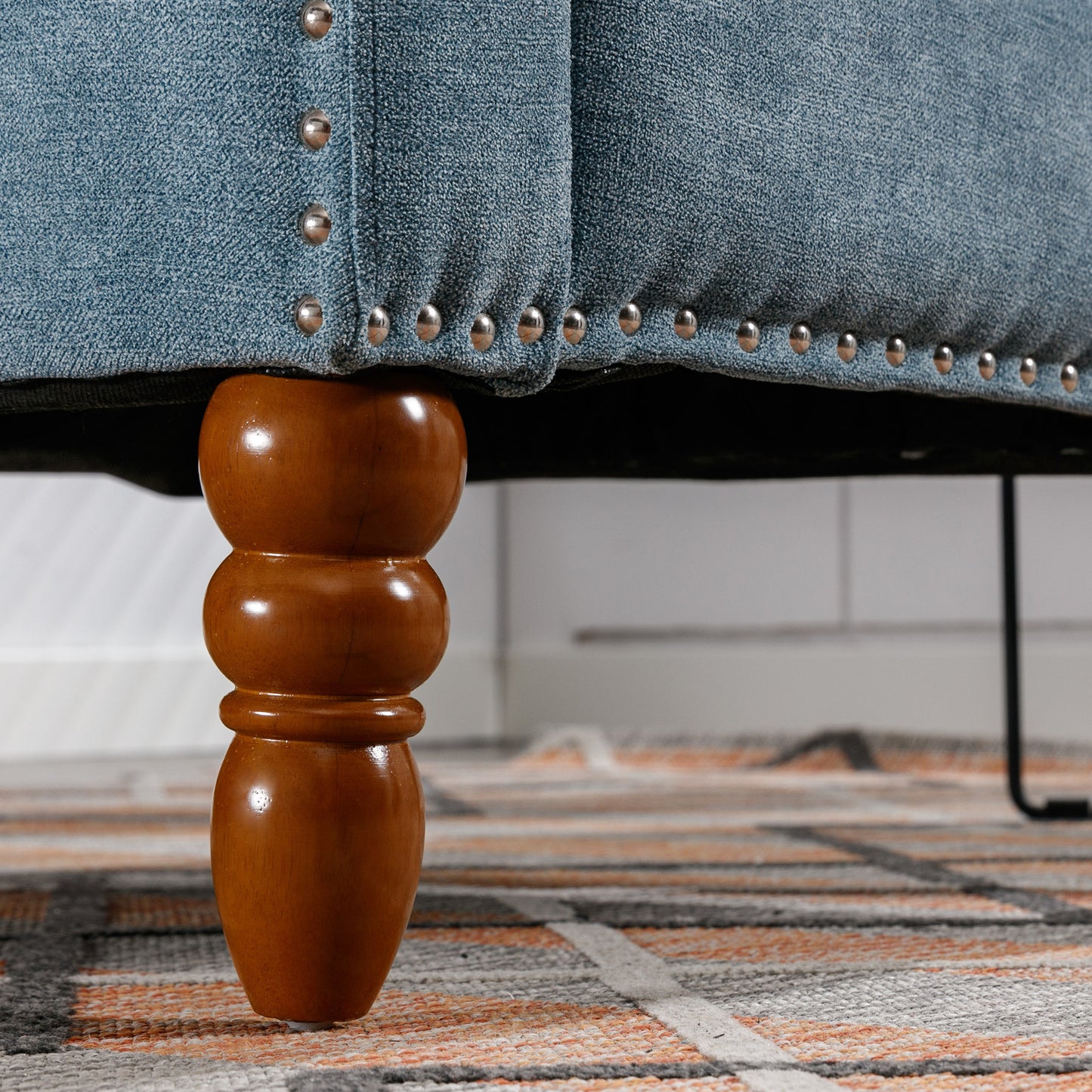 Blue Accent Chair, Living Room Chair, Footrest Chair Set with Vintage Brass Studs, Button Tufted Upholstered Armchair for Living Room, Comfy Reading Chair for Bedroom, Reception Room