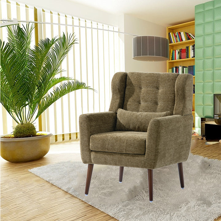 Olive Green Chenille Accent Chair for Living Room Modern Upholstered Armchair with Pillow and Solid Wood Legs