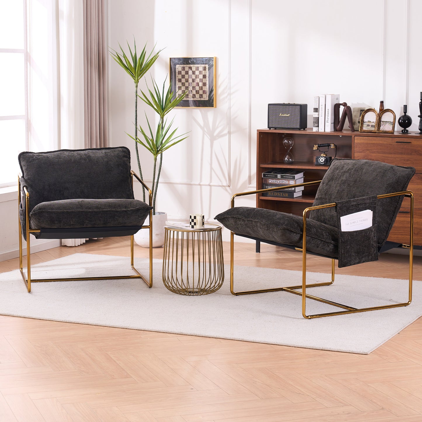 Dual Armchair Set in One Box Upholstered Hanging Chairs with Arm Pockets Metal Frame Dark Gray Crushed Foam Cushions for Living Room Bedroom