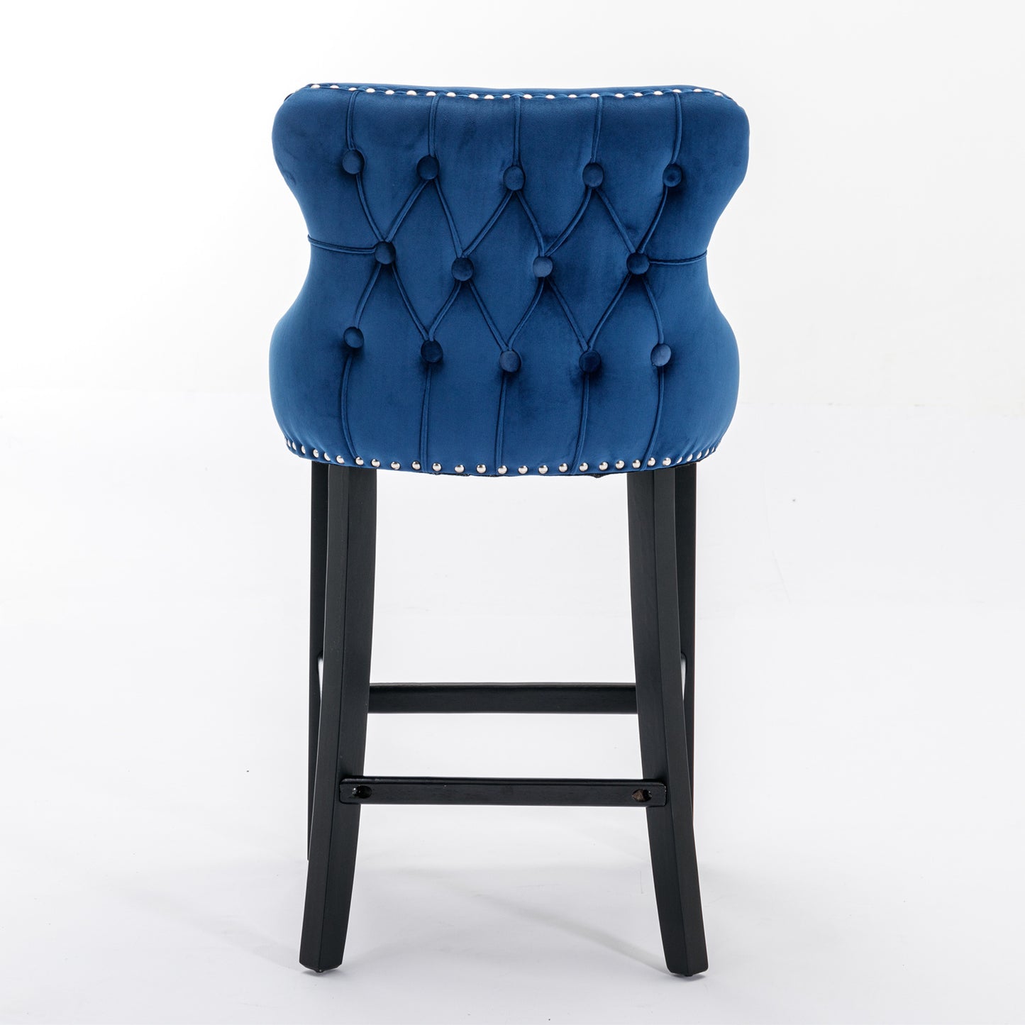 Contemporary Blue Velvet Wing-Back Barstools with Tufted Design and Wooden Legs Set of 2