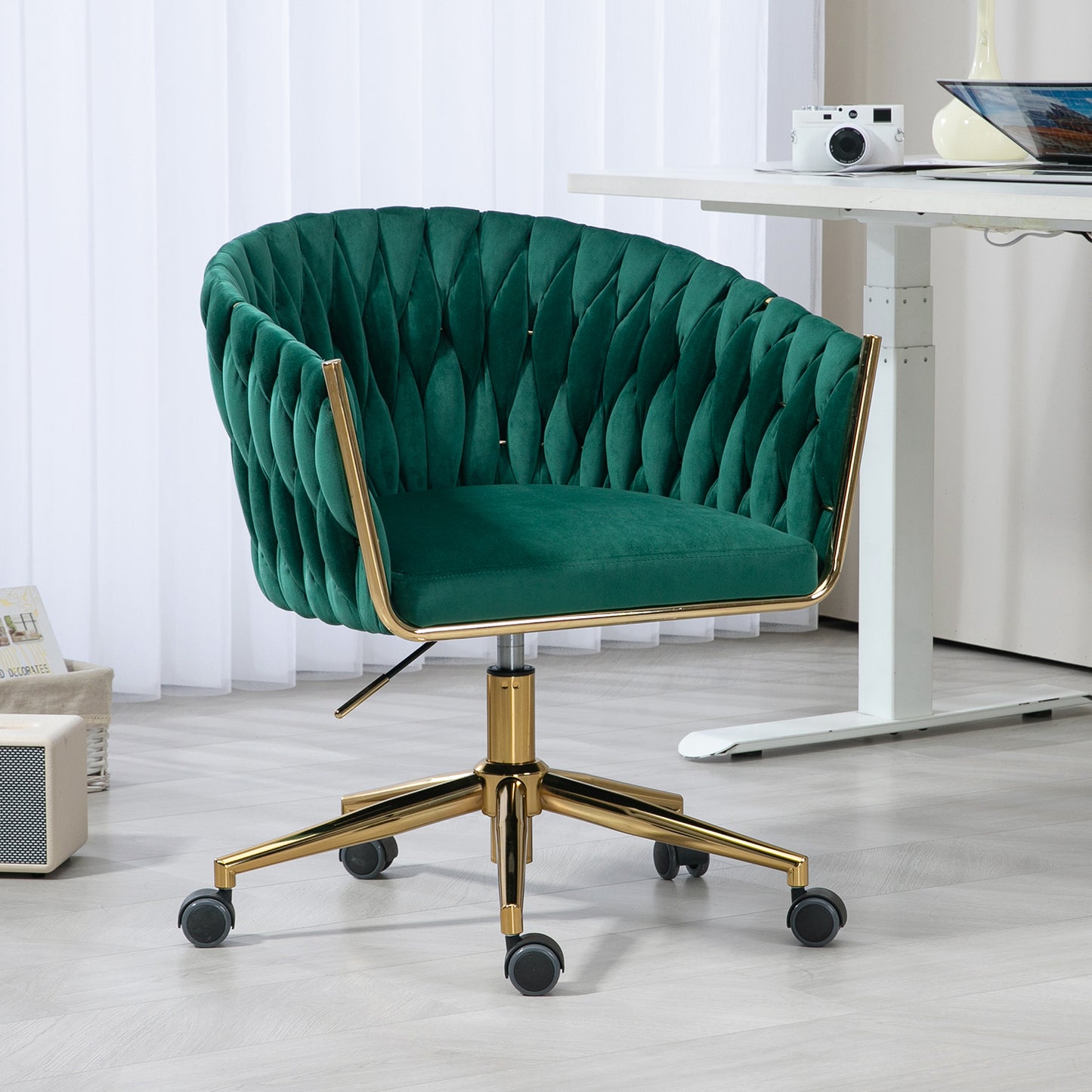 Hand-Woven Modern Design Office Chair with Wheels Height Adjustable 360 degree Swivel for Bedroom Living Room Green