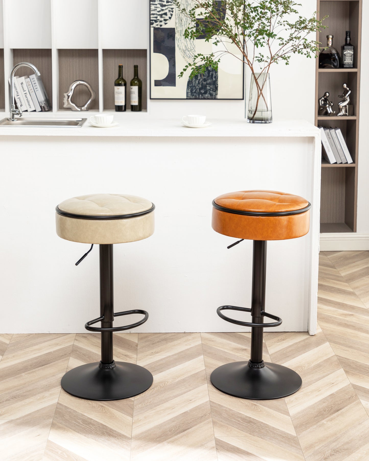 Khaki Faux Leather Adjustable Bar Stool Set of 2 360° Swivel Armless Counter Chairs with Metal Frame for Kitchen Dining Living Room