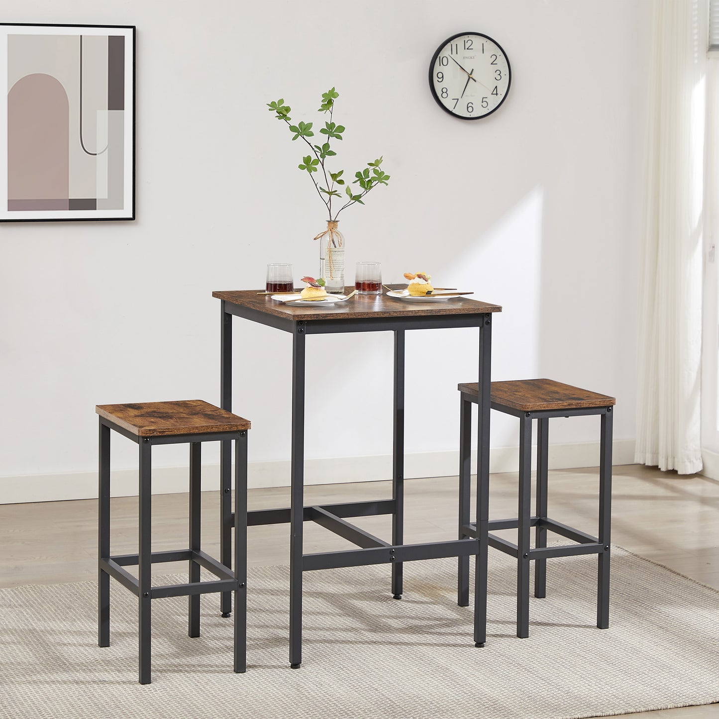 Industrial Square Bar Table Set with 2 Rustic Brown Chairs for Kitchen Living Room Space Saving 23.6x23.6x35.4 Inches