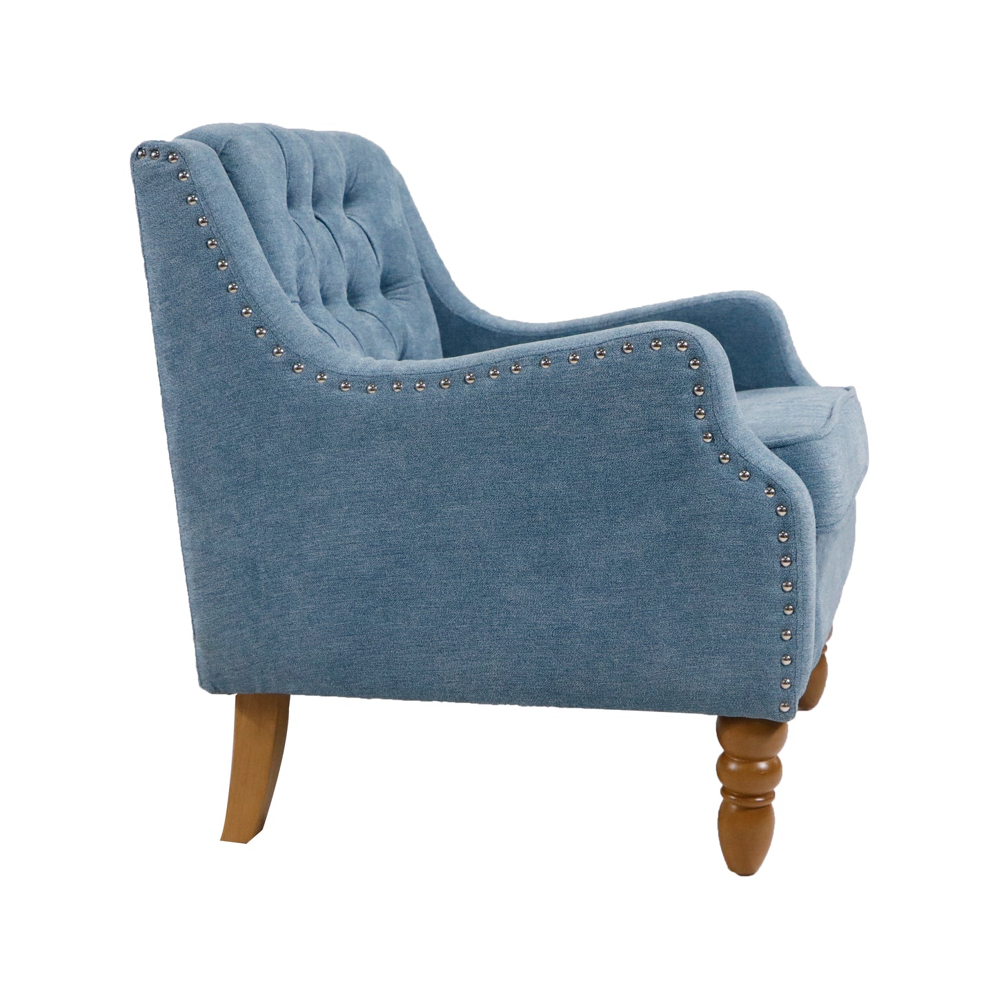 Blue Accent Chair, Living Room Chair, Footrest Chair Set with Vintage Brass Studs, Button Tufted Upholstered Armchair for Living Room, Comfy Reading Chair for Bedroom, Reception Room