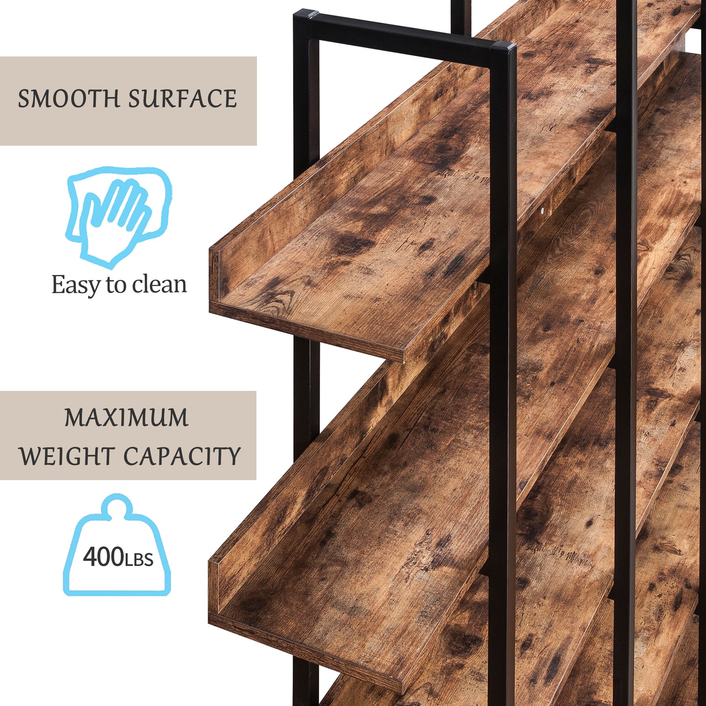 5 Tier Open Bookshelf Vintage Industrial Style Metal Frame MDF Board Home Office Storage Shelf