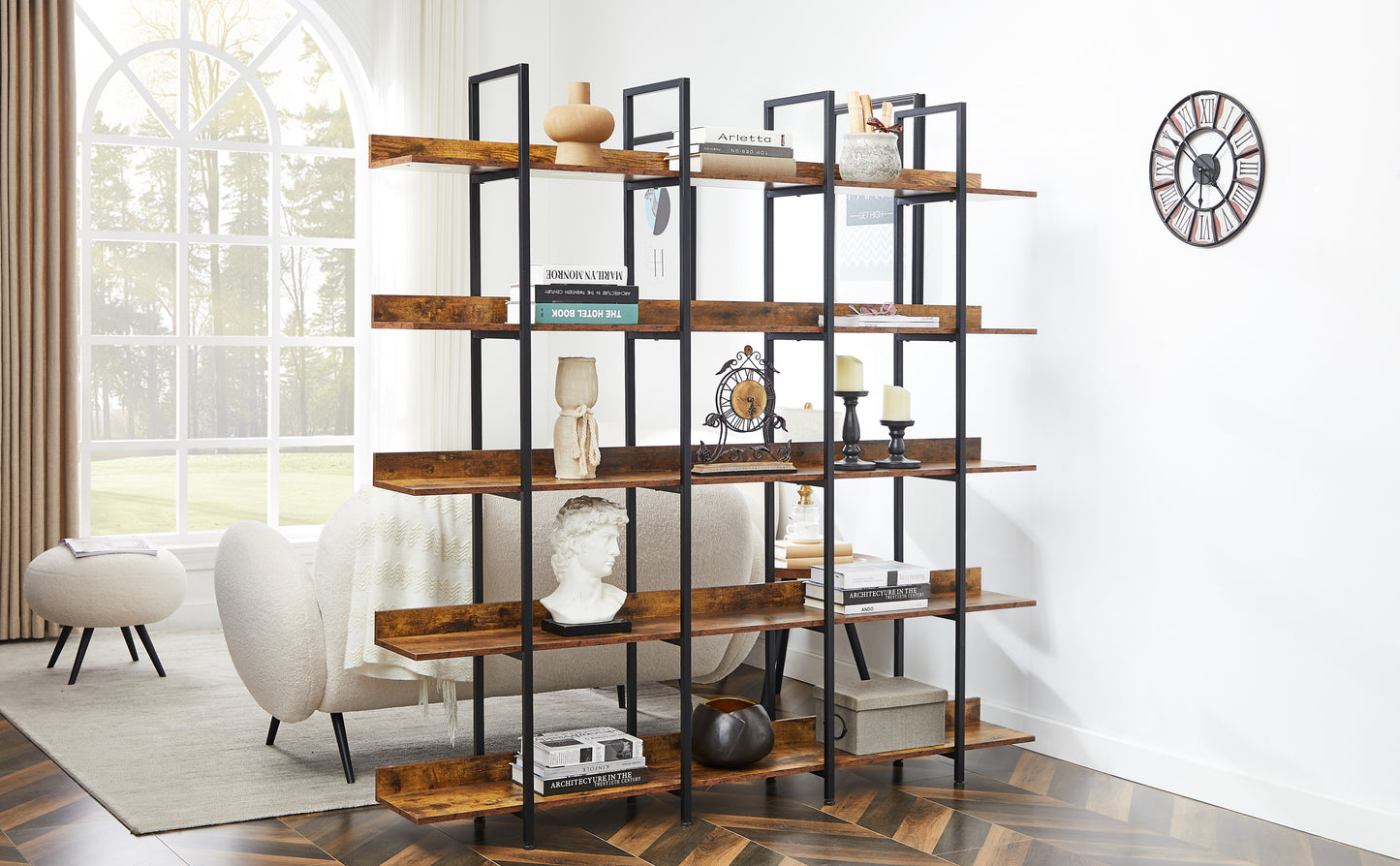 5 Tier Open Bookshelf Vintage Industrial Style Metal Frame MDF Board Home Office Storage Shelf