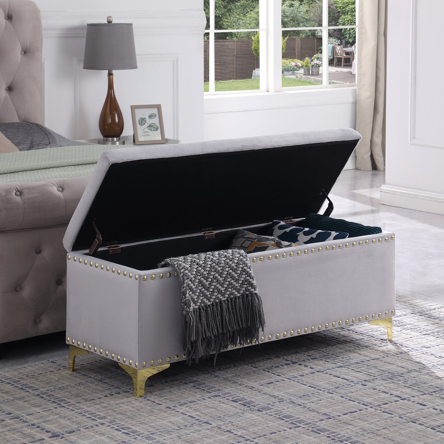 Large Storage Benches with Nailhead Trim Tufted Velvet 2 in 1 Combination for Living Room Entryway Hallway Bedroom Gold Legs 250lbs Capacity