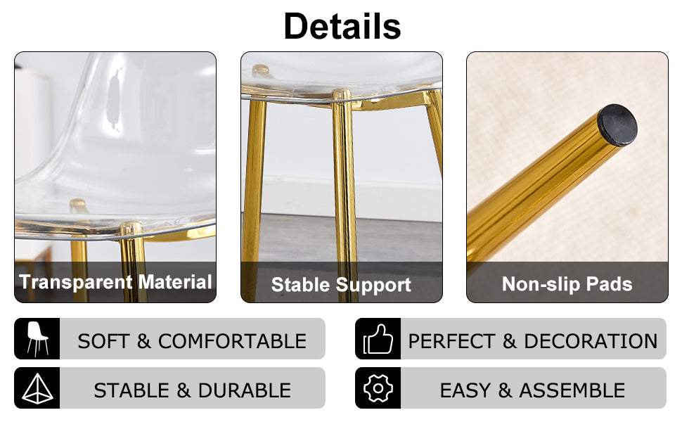 Modern Minimalist Transparent Dining Chair Set with Gold-Plated Metal Legs - Nordic Armless Crystal Makeup Stools 6-Piece TW-1200