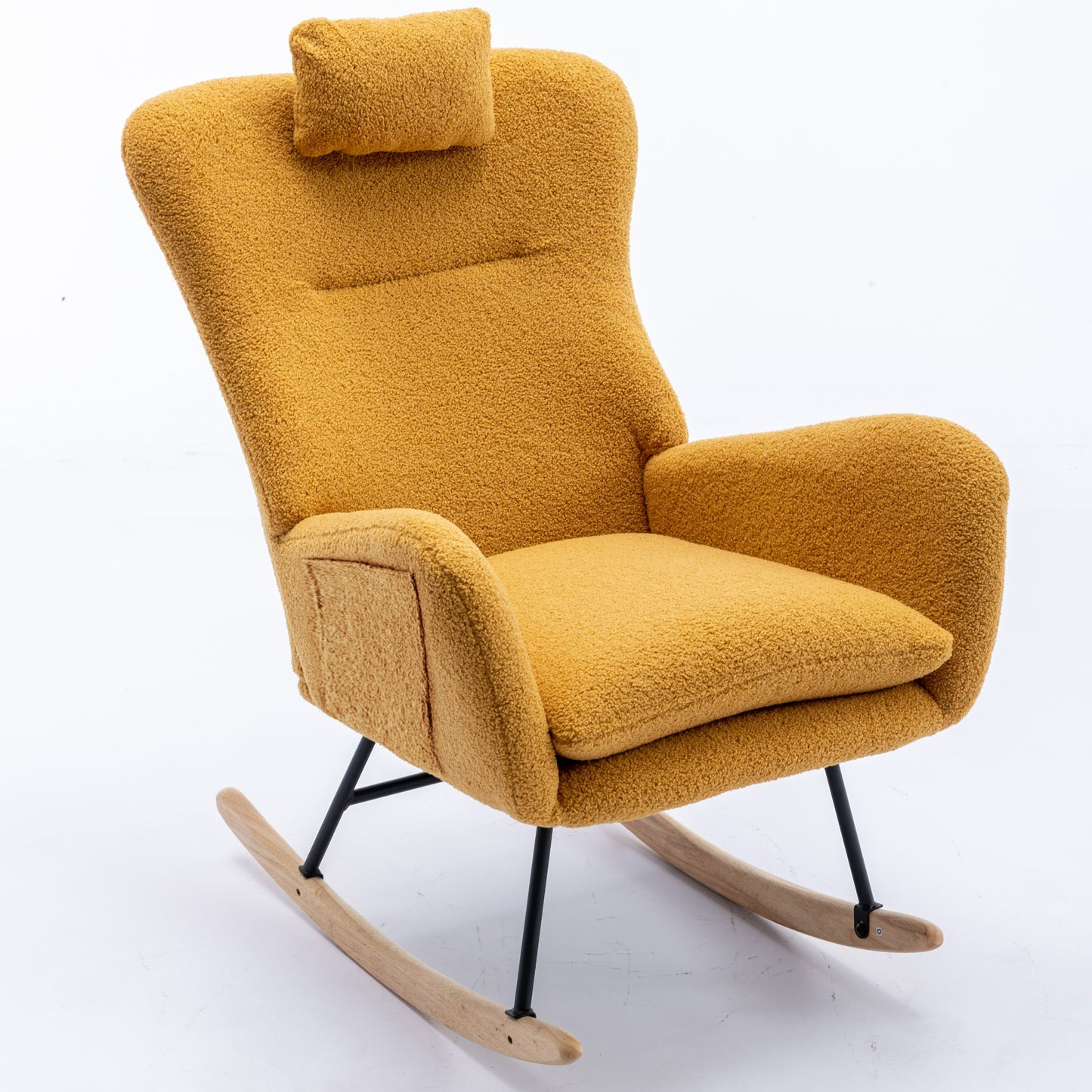 35.5 inch Rocking Chair with Pocket, Soft Teddy Fabric Rocking Chair for Nursery, Comfy Wingback Glider Rocker with Safe Solid Wood Base for Living Room Bedroom Balcony (TURMERIC)