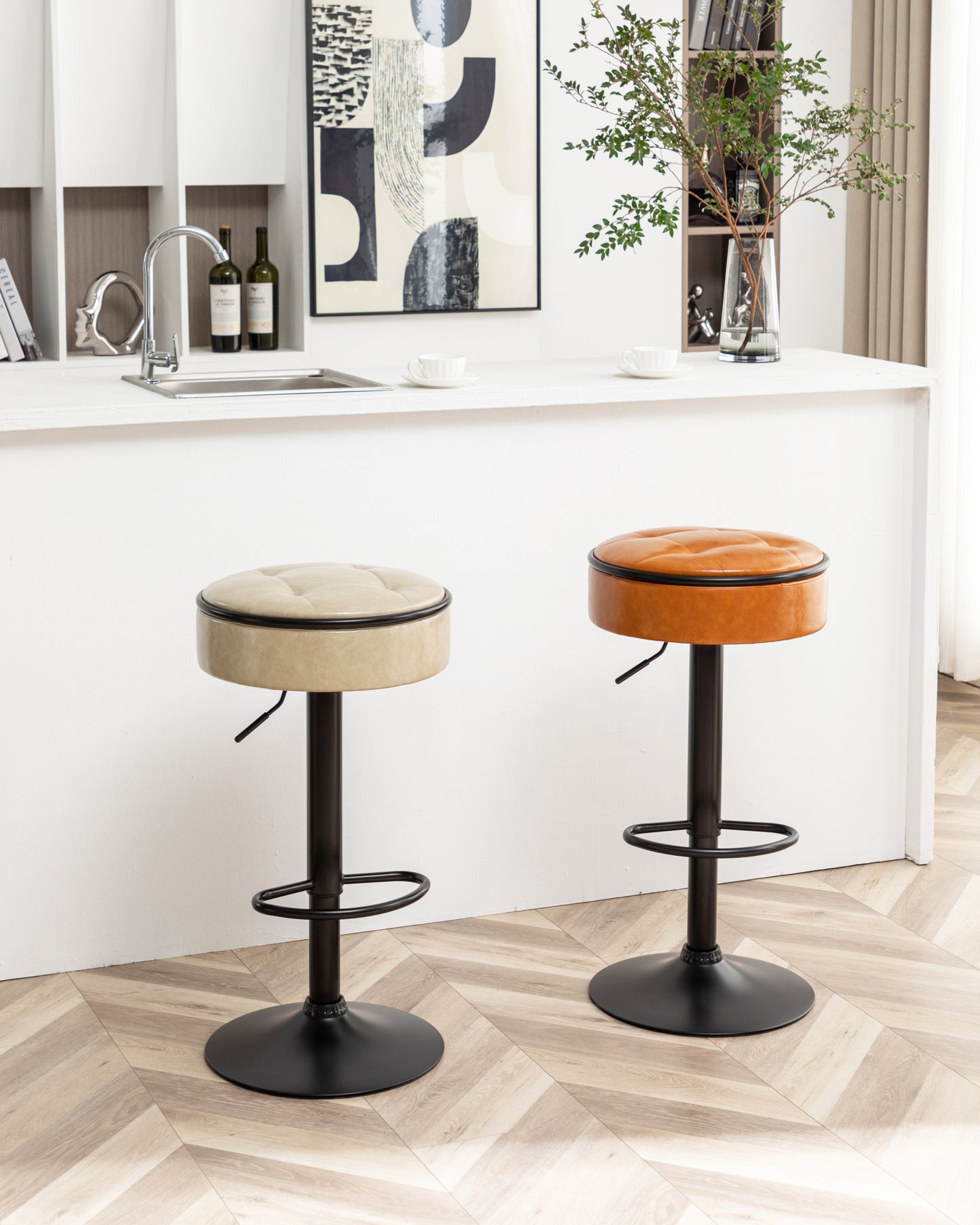 Adjustable Brown Faux Leather Bar Stool Set of 2 360° Swivel Armless Counter Height Chairs for Kitchen Dining Living Room