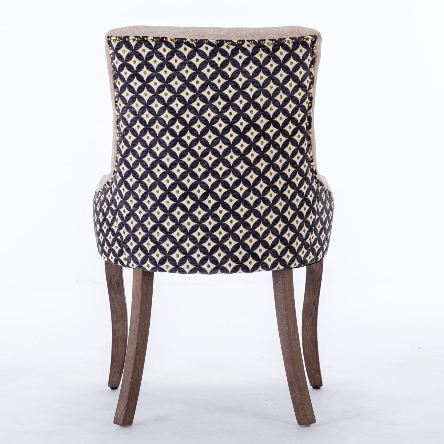 Ultra Side Dining Chairs Set of 2 Beige Thick Fabric with Solid Wood Legs and Bronze Nail Head