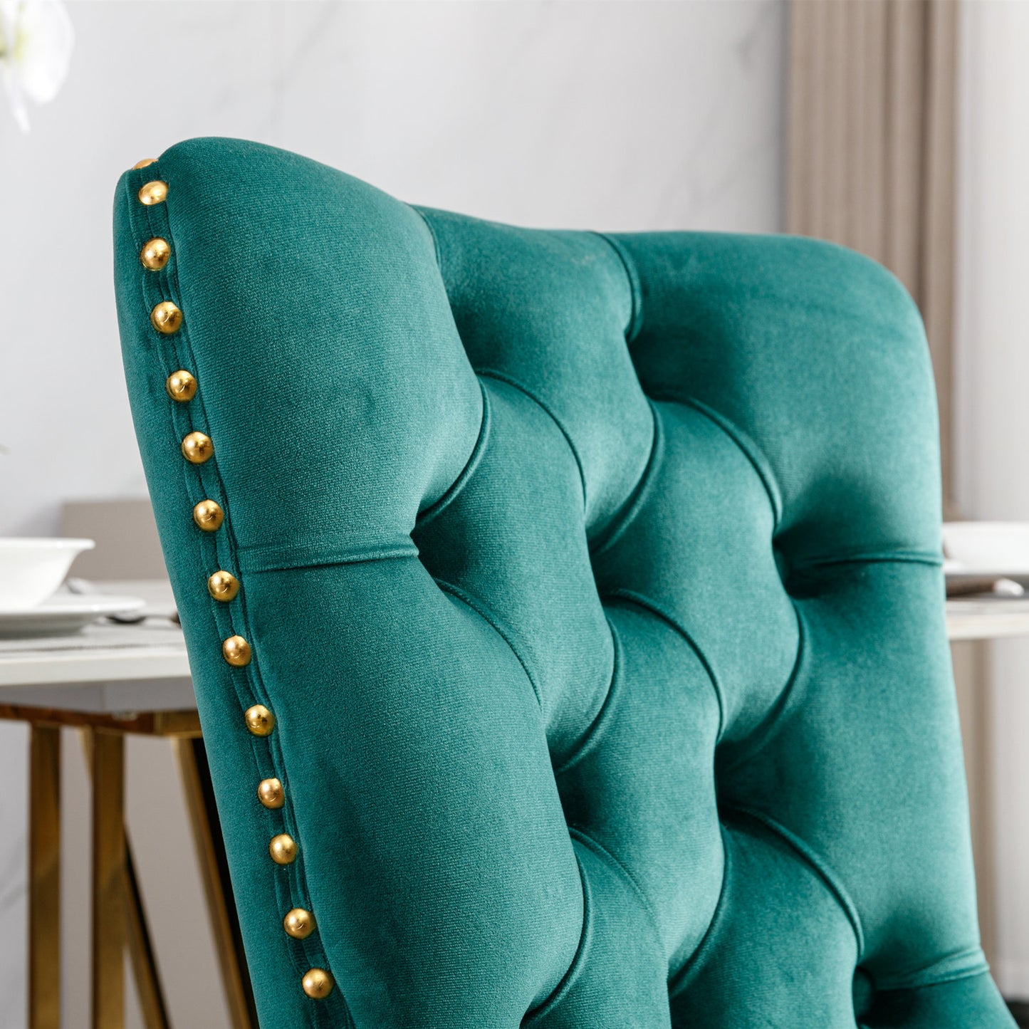 Modern Velvet Upholstered Dining Chairs Set of 2 with Gold Stainless Steel Legs and Nailhead Trim Black and Gold