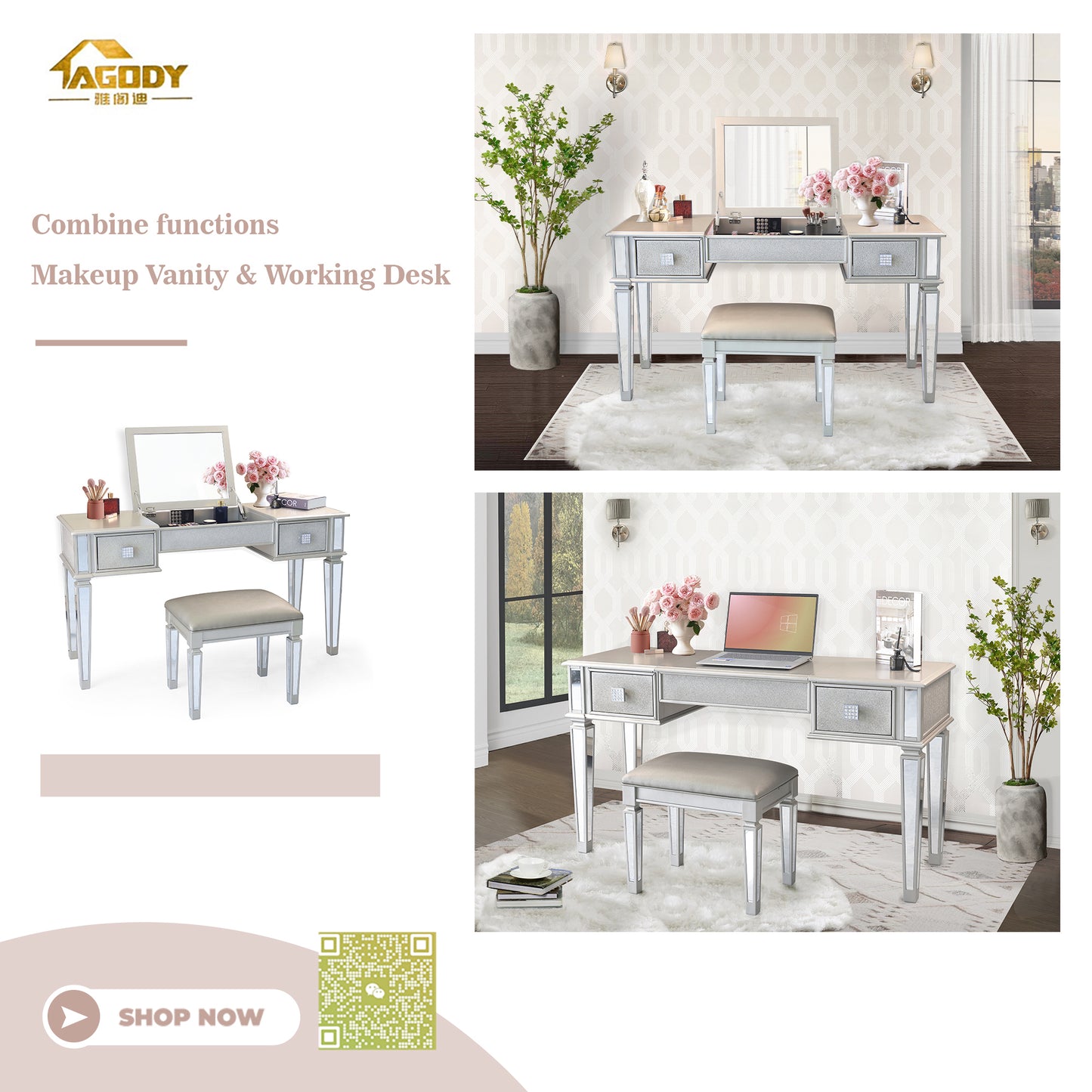 Mirrored Vanity Desk with Drawers and Stool, Flip Top Makeup Table Set for Bedroom, Stylish Dressing Table for Women and Girls