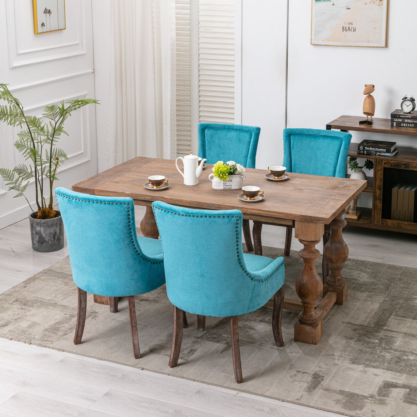 Ultra Side Dining Chair,Thickened fabric chairs with neutrally toned solid wood legs, Bronze nail head,Set of 2,Blue