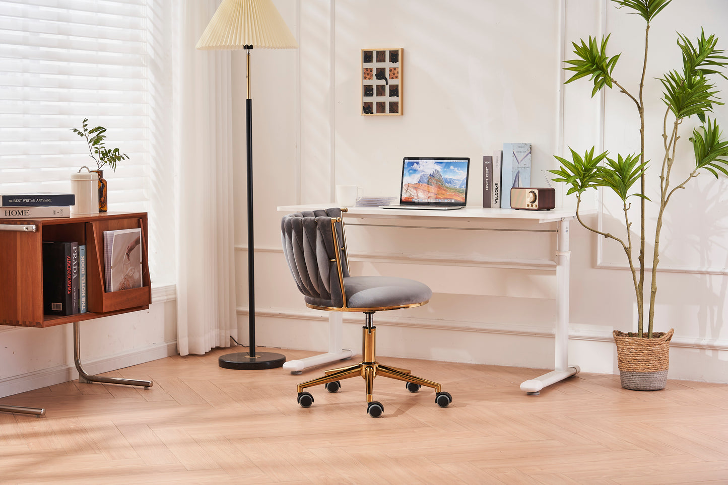 Ergonomic Dark Grey Upholstered Office Desk Chair with Adjustable Swivel Wheels for Home and Study