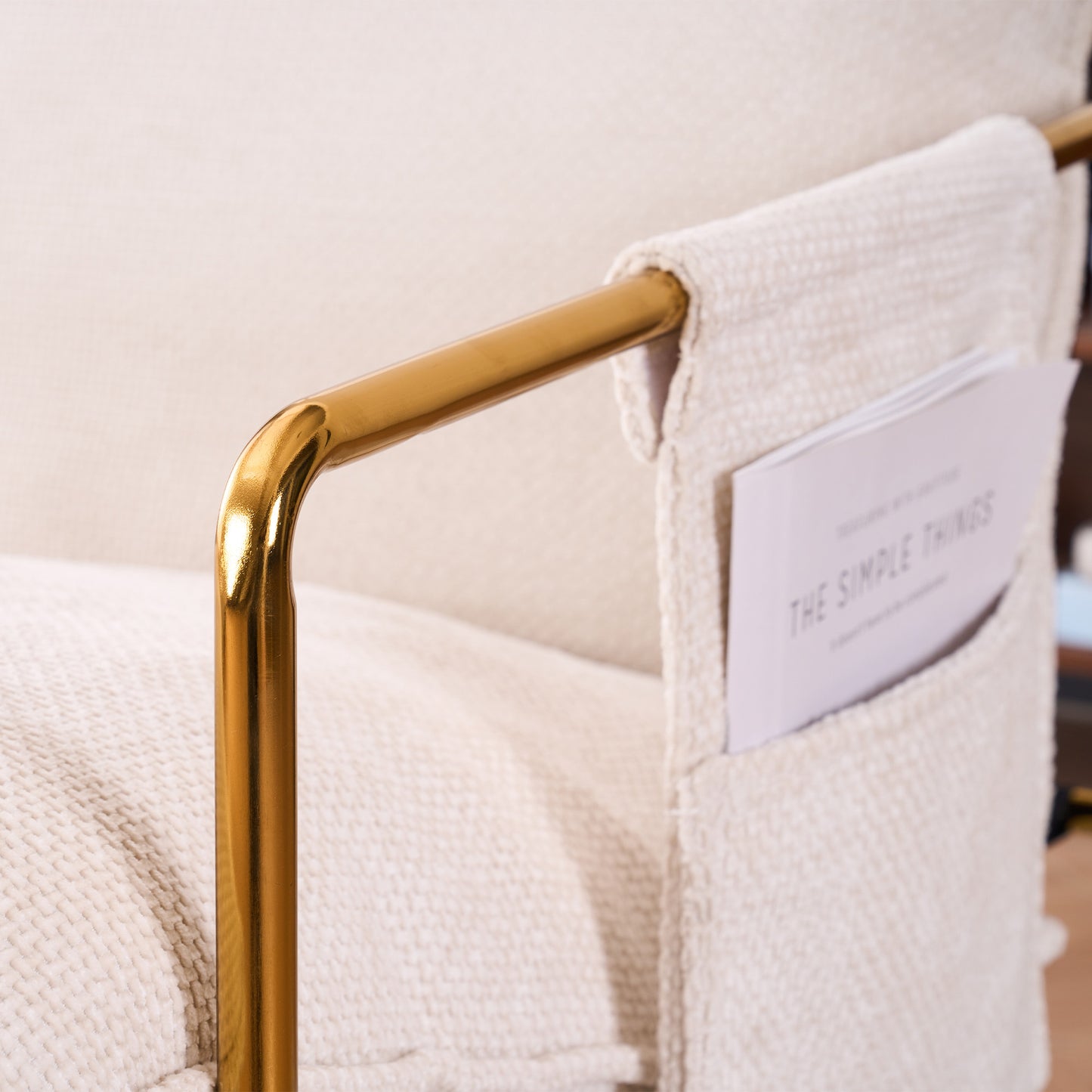 Beige Upholstered Hanging Armchair with Arm Pockets Metal Frame Gold-Plated Cushions for Living Room Bedroom