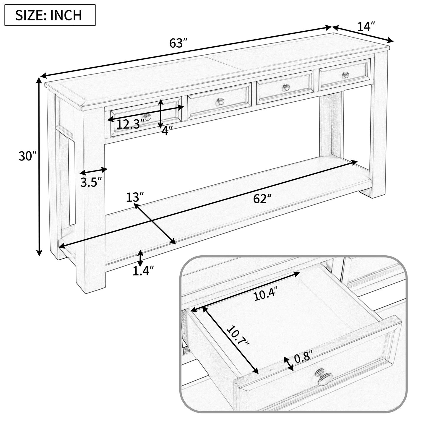 Console Table with Storage Drawers and Bottom Shelf for Entryway or Hallway - Gray Wash Finish