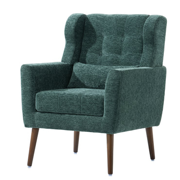 Chenille Modern Accent Chair with Pillow Soft Upholstered Armchair for Living Room Bedroom Solid Wood Legs Blackish Green