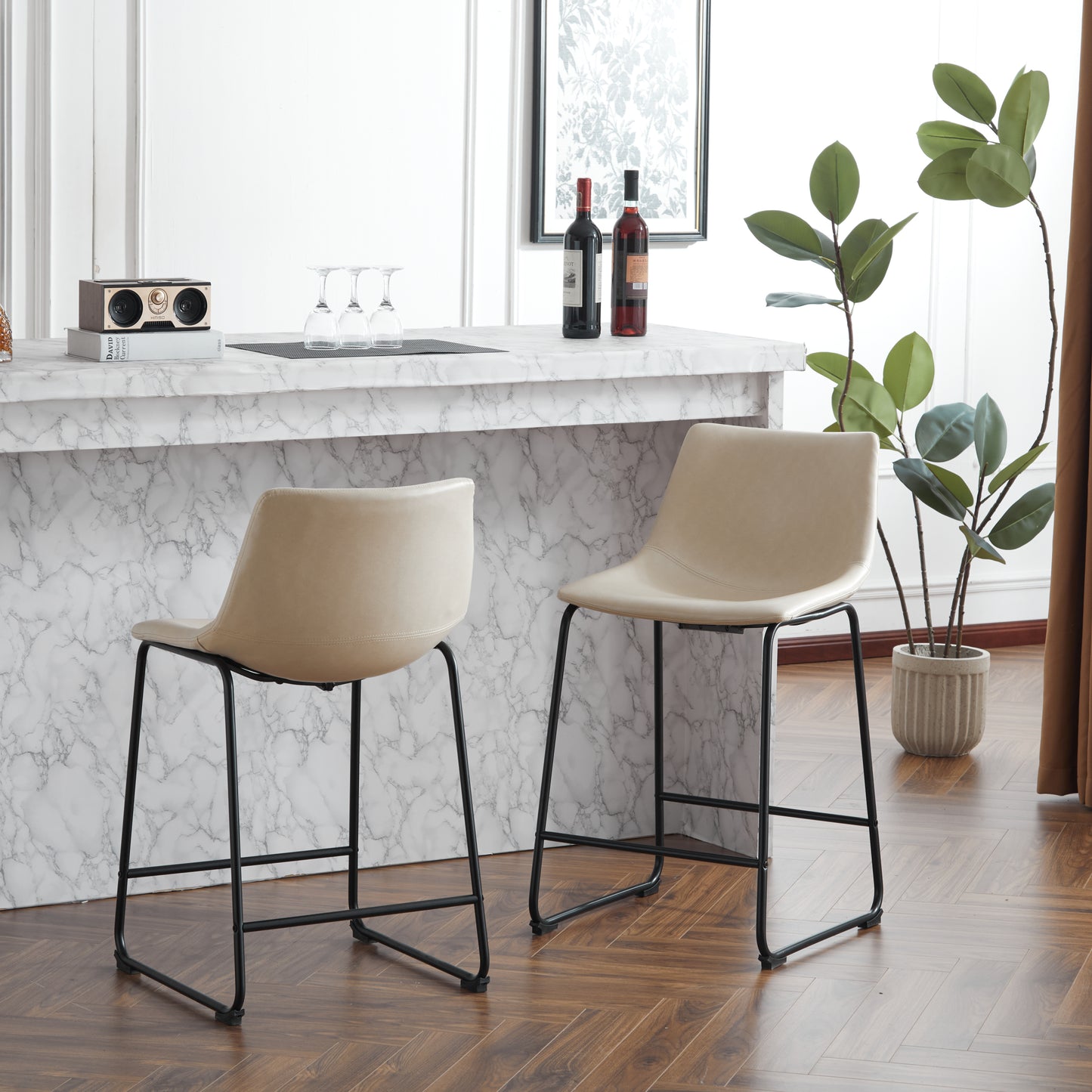 Vintage 24-Inch Armless Industrial Faux Leather Counter Stool Set of 2 Cream Black Metal Legs Footrest for Kitchen Cafe Bar