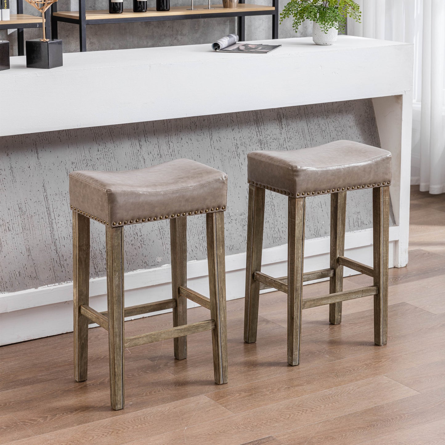 Counter Height 29" Bar Stools for Kitchen Counter Backless Faux Leather Stools Farmhouse Island Chairs (29 Inch, Gray, Set of 2)