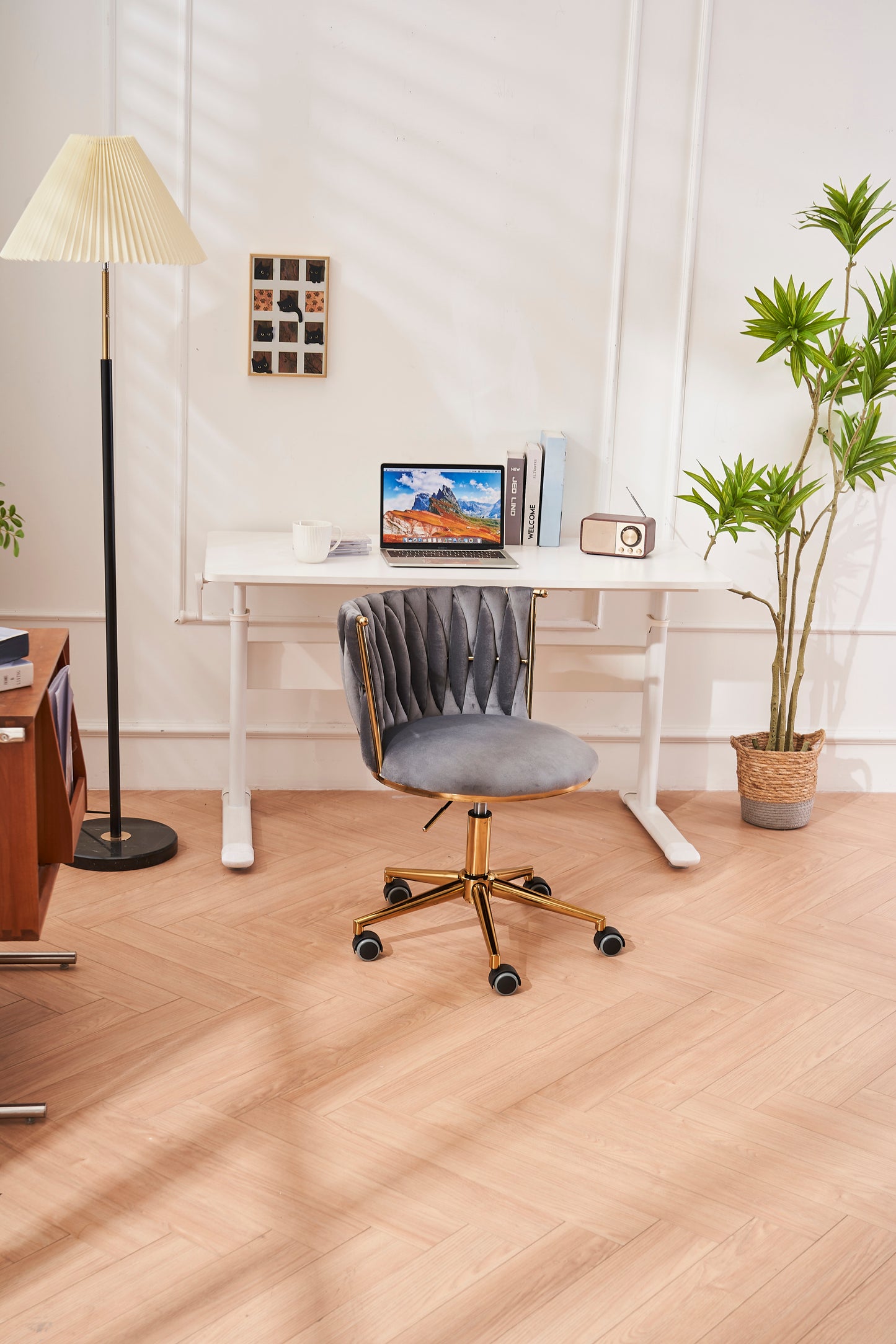 Ergonomic Dark Grey Upholstered Office Desk Chair with Adjustable Swivel Wheels for Home and Study