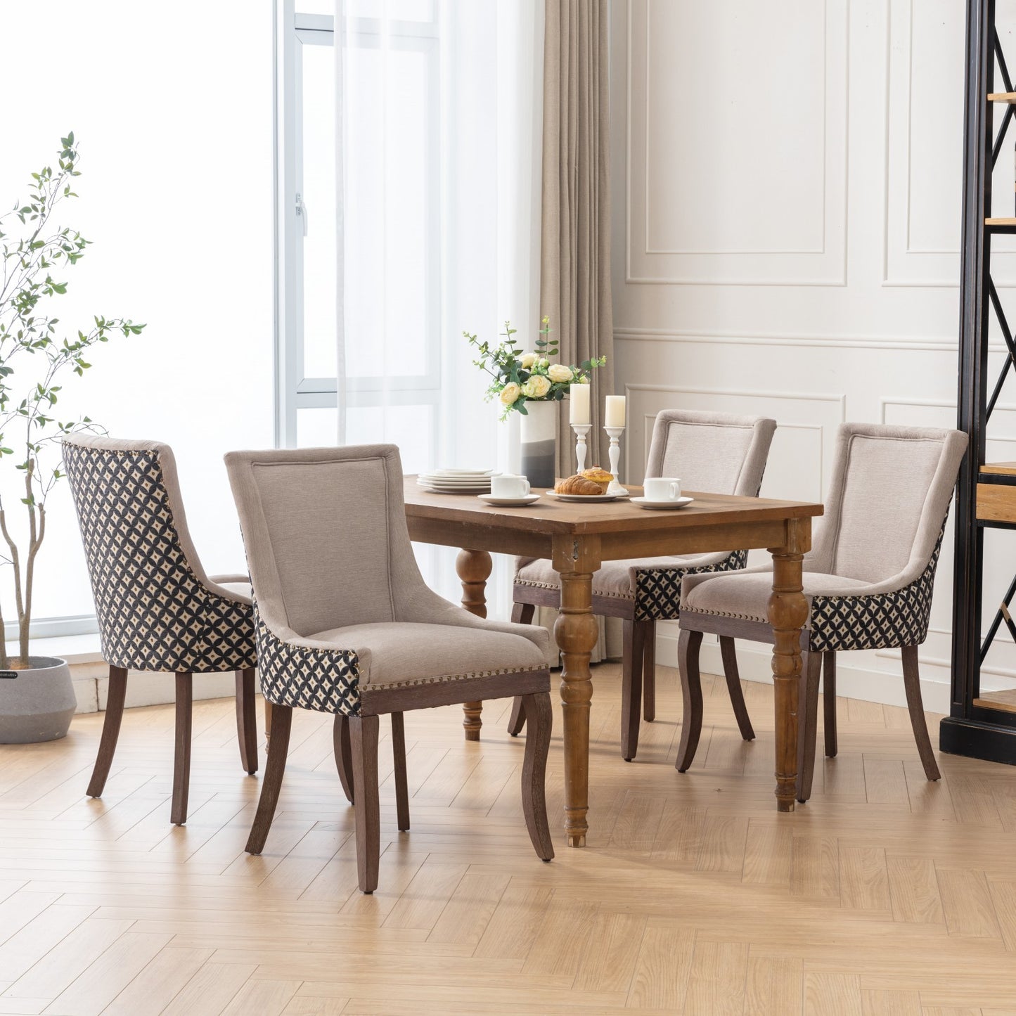 Ultra Side Dining Chairs Set of 2 Beige Thick Fabric with Solid Wood Legs and Bronze Nail Head