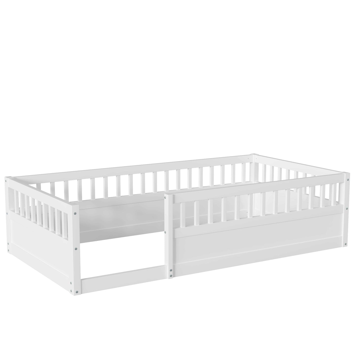 Twin Floor Bed Frame with Fence, Wood Kids Floor Beds Frame for Bedroom Playroom,White