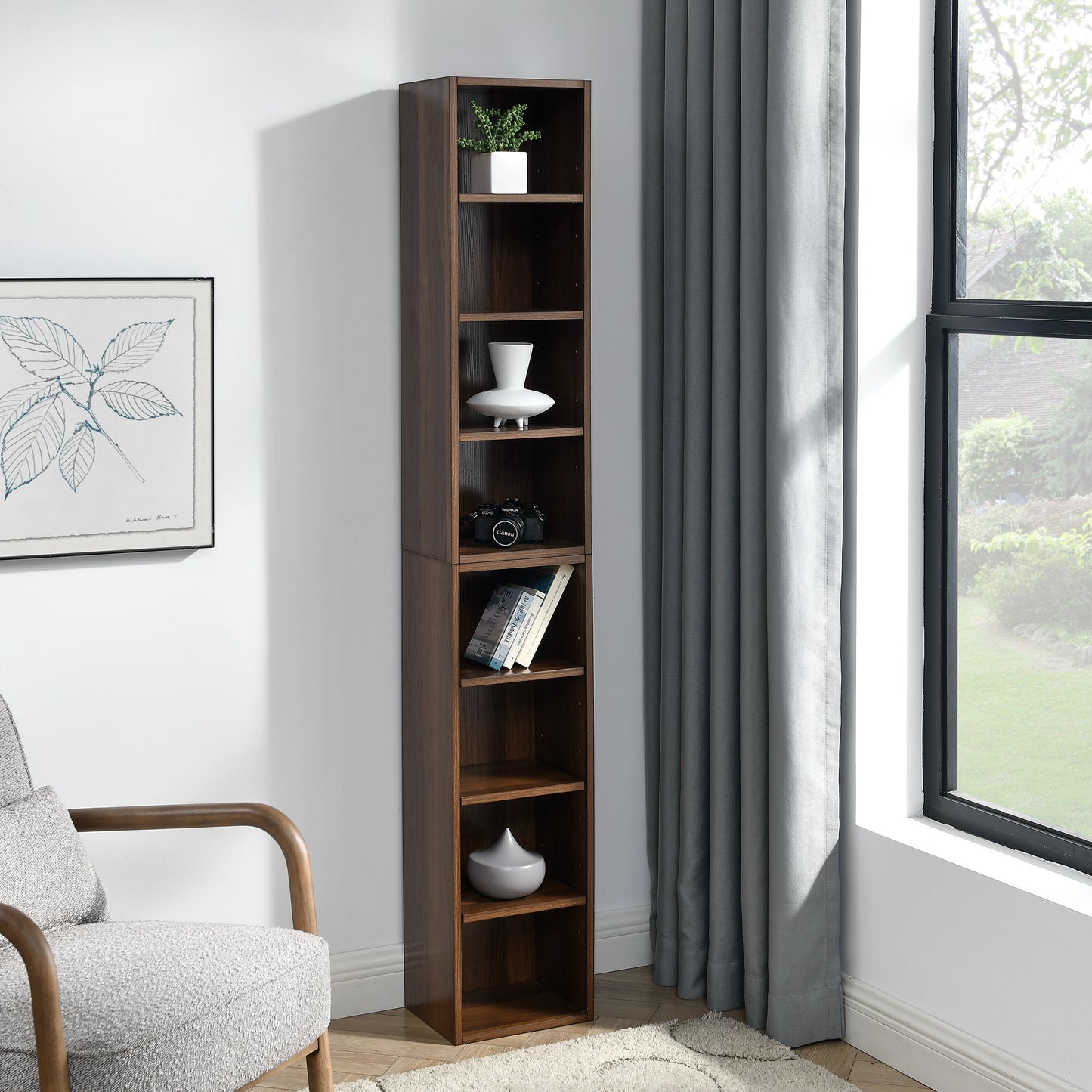 8-Tier Slim Media Tower Rack Adjustable Shelves Tall Bookcase Storage Cabinet for Home Office Display