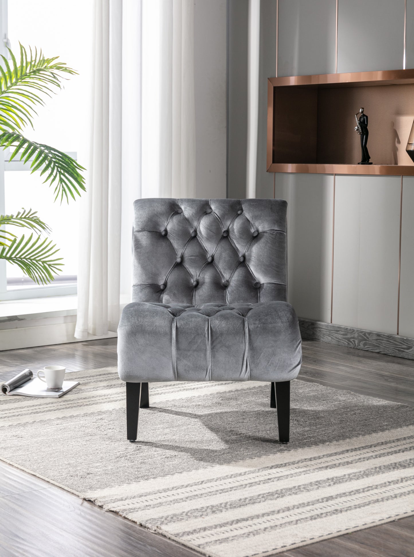Modern Velvet Armless Accent Chair Upholstered Fabric Comfortable Leisure Chair with Wooden Legs for Living Room Bedroom Office Silver
