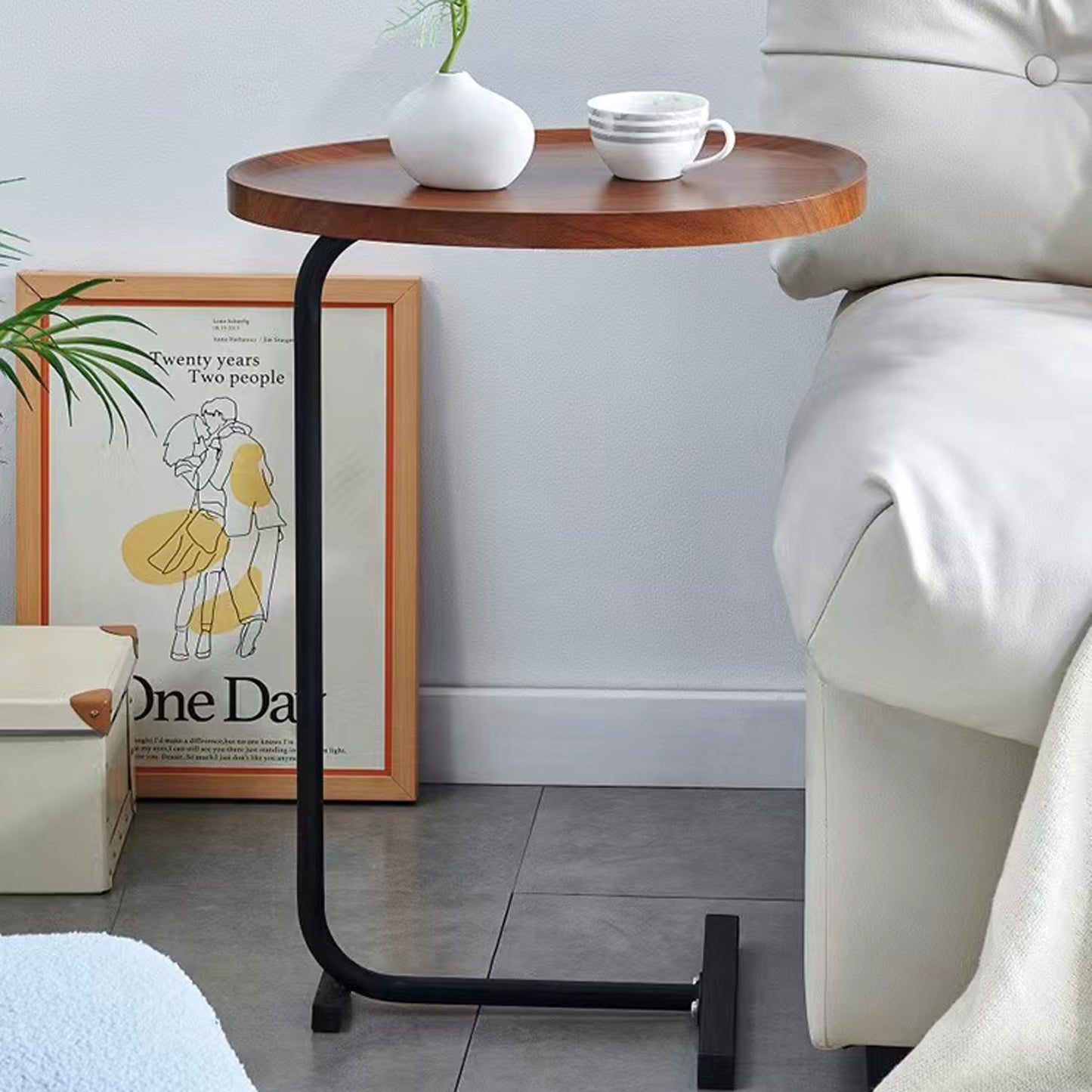 Brown C-shaped Side Table Small Sofa Table for Living Room Bedroom Modern Design Space Saving