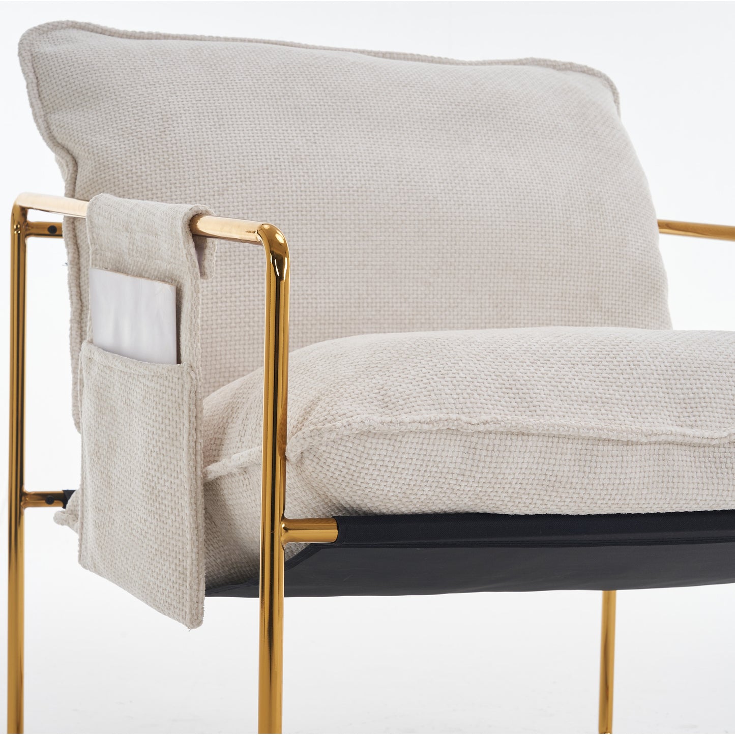 Beige Upholstered Hanging Armchair with Arm Pockets Metal Frame Gold-Plated Cushions for Living Room Bedroom