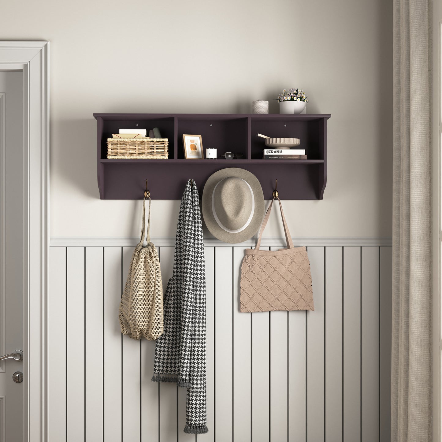 Espresso Wall Mounted Coat Rack with 4 Dual Hooks & Wooden Storage Shelf for Entryway & Living Room