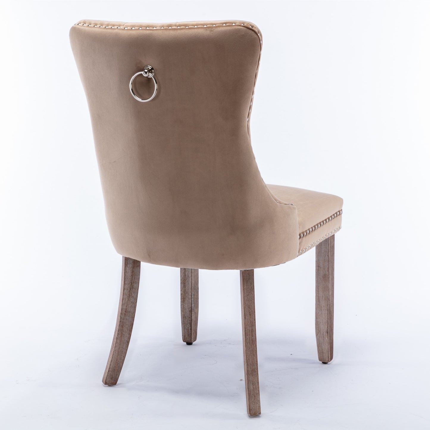 Modern Velvet Upholstered Dining Chair Set with Tufted Design and Nailhead Trim Solid Wood Legs Khaki 2-Pcs