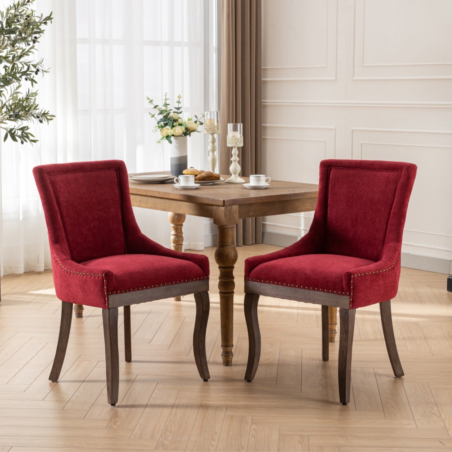 Ultra Side Dining Chair,Thickened fabric chairs with neutrally toned solid wood legs,Bronze nail head,Set of 2,Wine Red,Burgundy,SW1807WR