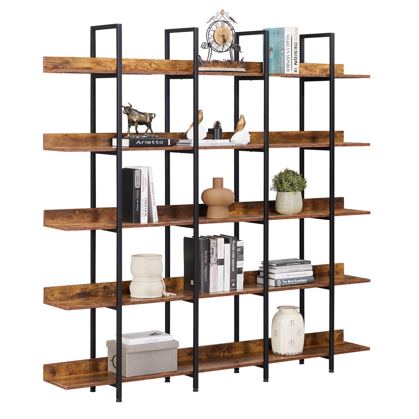 5 Tier Open Bookshelf Vintage Industrial Style Metal Frame MDF Board Home Office Storage Shelf