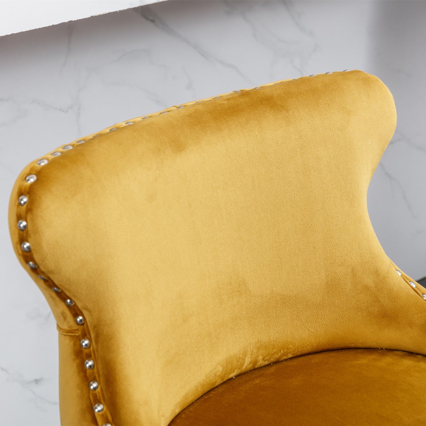 Gold Velvet Wing-Back Barstools with Button Tufting and Chrome Nailhead Trim Set of 2
