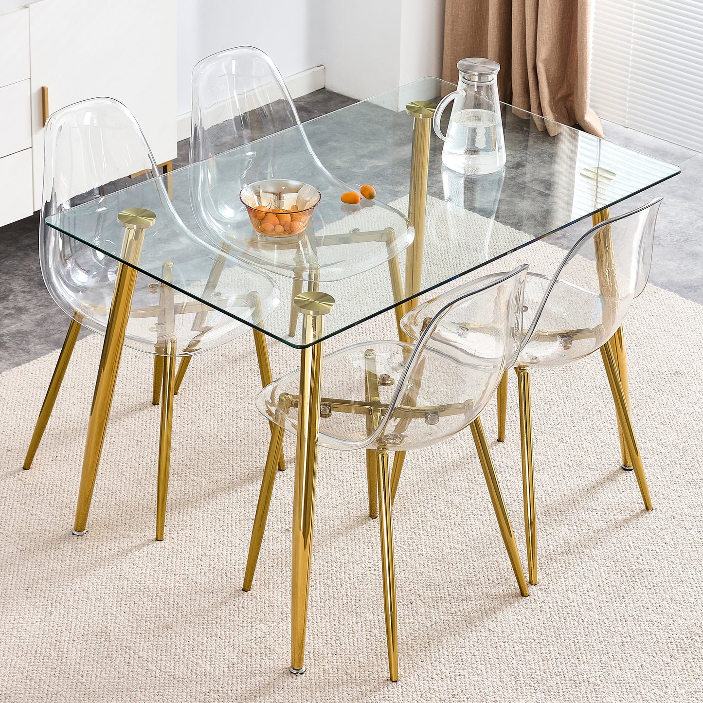 Modern Minimalist Transparent Dining Chair Set with Gold-Plated Metal Legs - Nordic Armless Crystal Makeup Stools 6-Piece TW-1200
