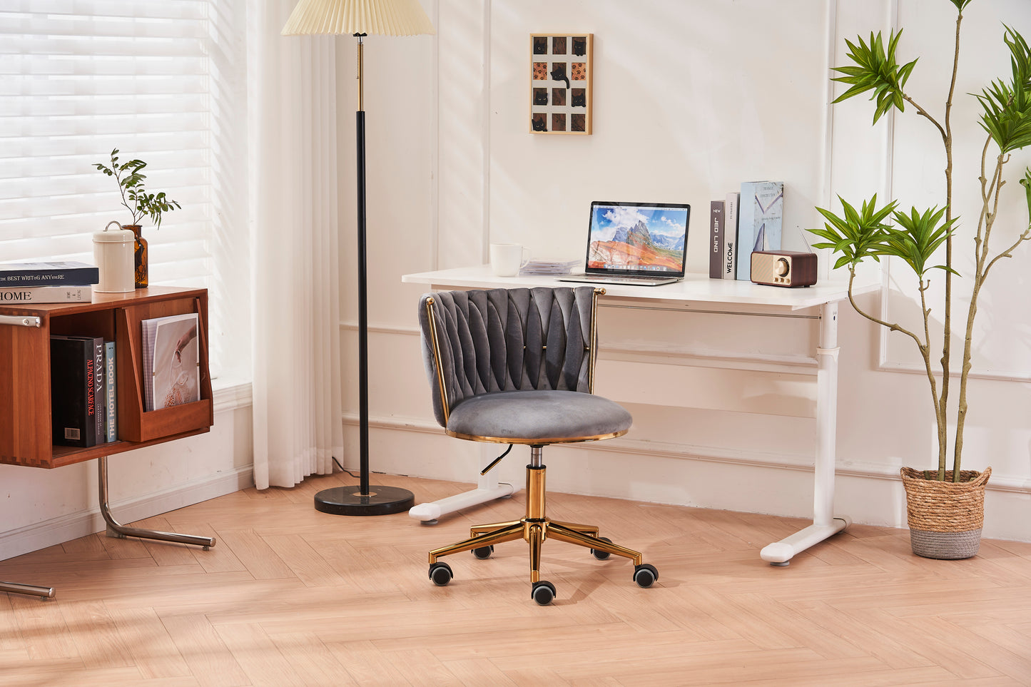 Ergonomic Dark Grey Upholstered Office Desk Chair with Adjustable Swivel Wheels for Home and Study