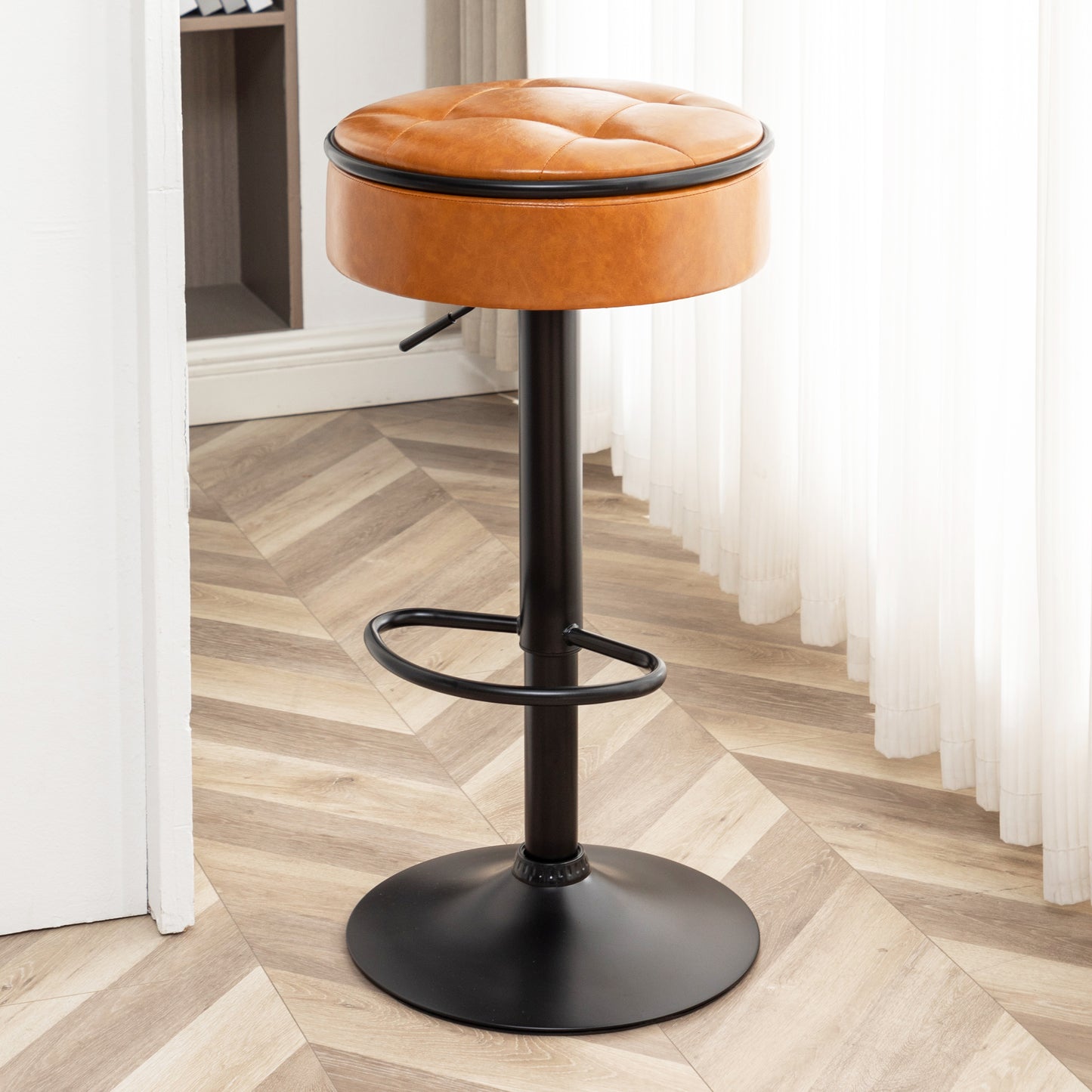 Adjustable Brown Faux Leather Bar Stool Set of 2 360° Swivel Armless Counter Height Chairs for Kitchen Dining Living Room