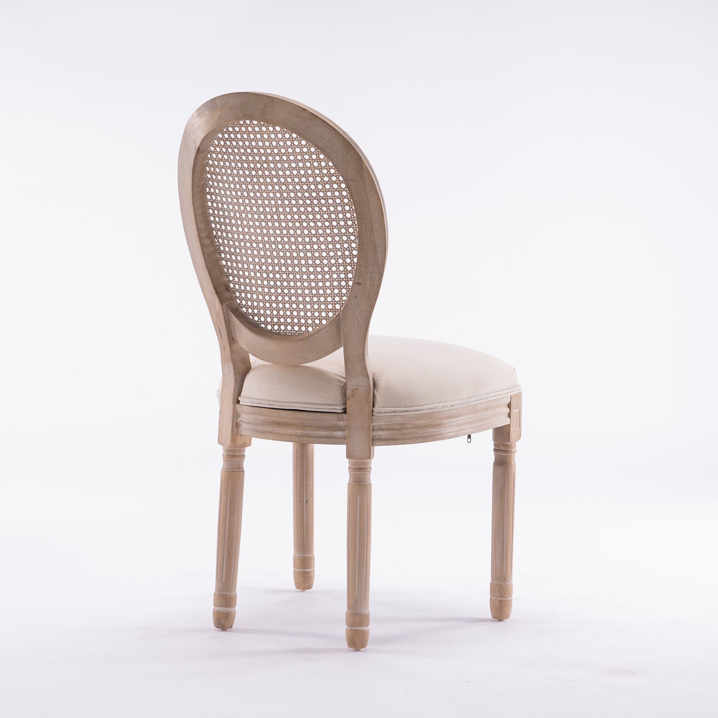 French Style Solid Wood Frame  Linen Fabric Rattan Back Dining Chair,Set of 2,Cream