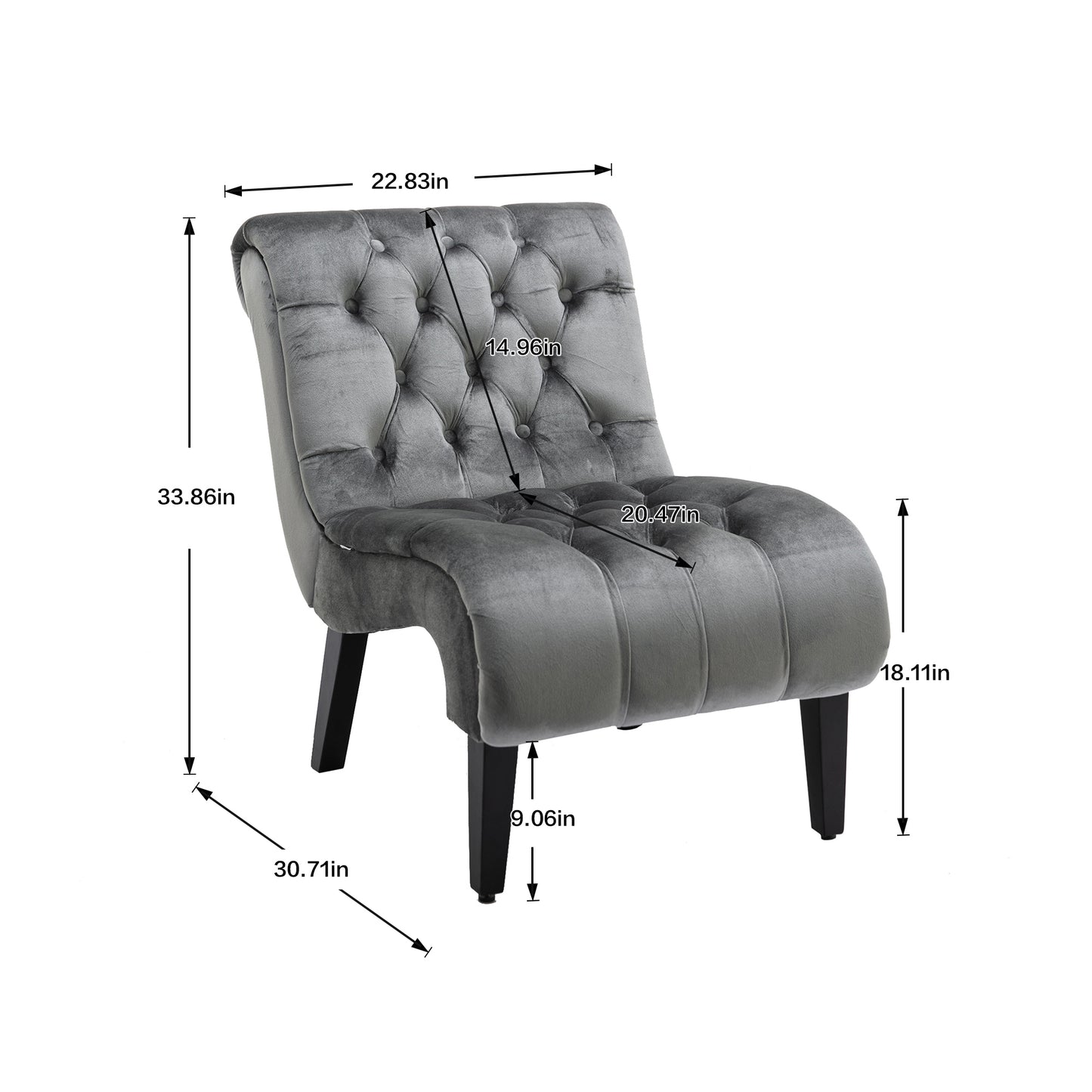 Modern Velvet Armless Accent Chair Upholstered Fabric Comfortable Leisure Chair with Wooden Legs for Living Room Bedroom Office Silver