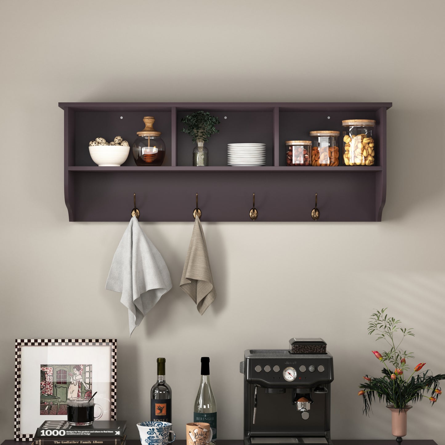 Espresso Wall Mounted Coat Rack with 4 Dual Hooks & Wooden Storage Shelf for Entryway & Living Room