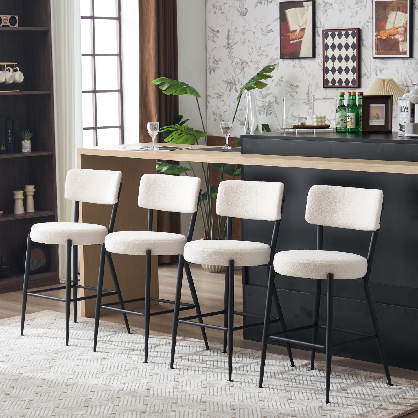 Beige Modern Teddy Fabric Bar Stools Set of 2 Stylish Metal Base High Seating for Kitchen Dining Living Room