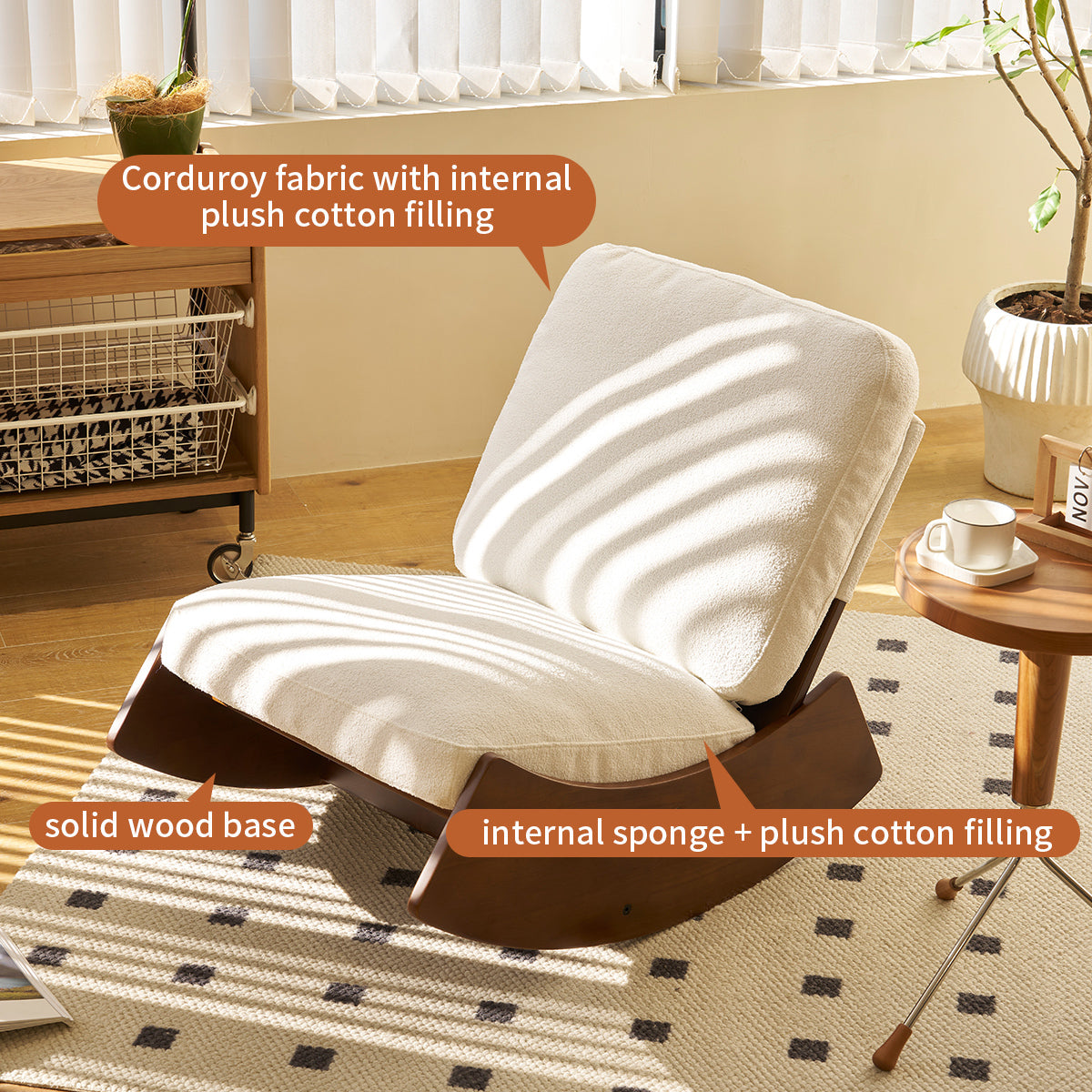 Elegant Upholstered Glider Rocking Chair with Solid Wood Frame for Living Room Nursery and Bedroom Relaxation