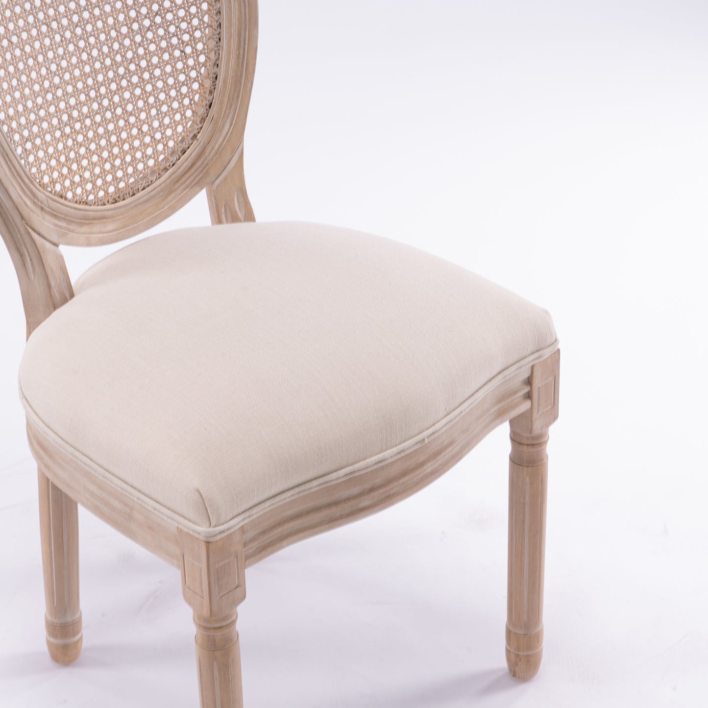 French Style Solid Wood Frame  Linen Fabric Rattan Back Dining Chair,Set of 2,Cream