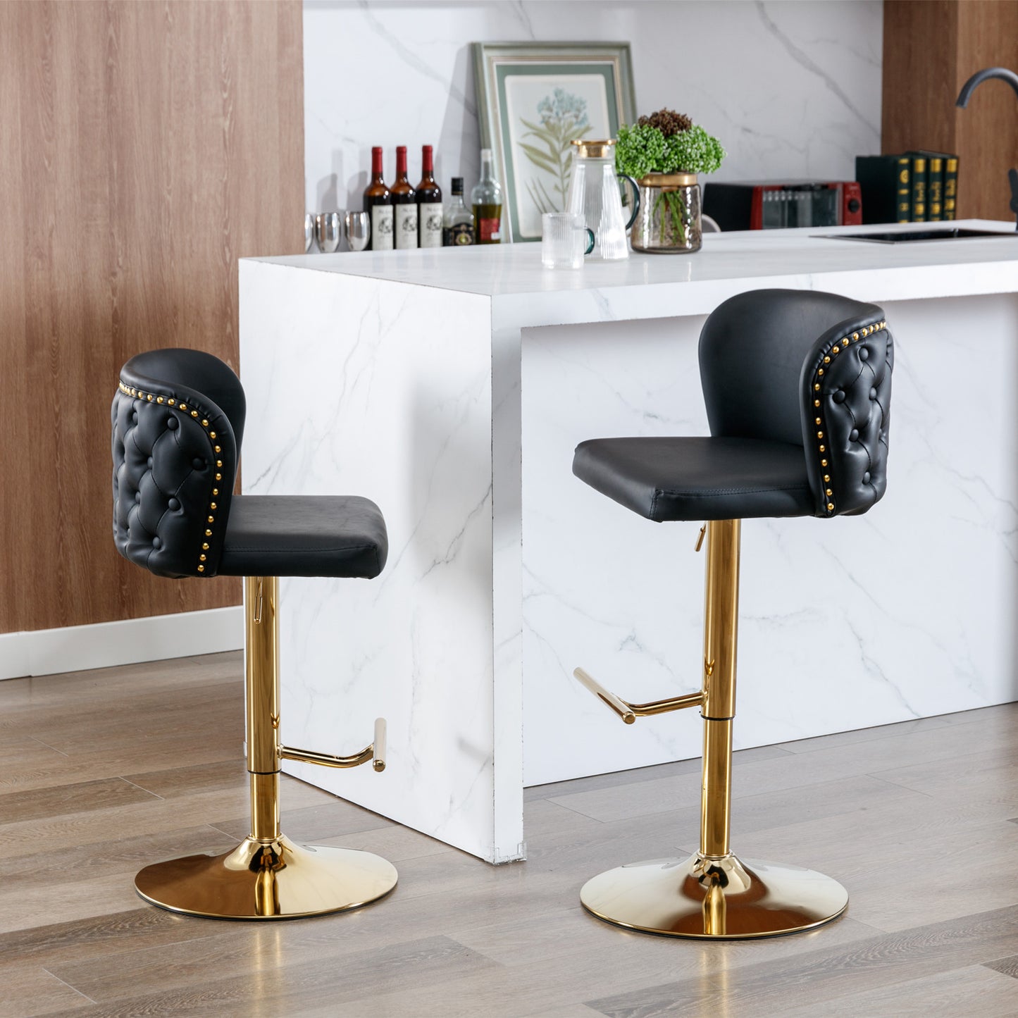 A&A Furniture,Swivel Barstools Adjusatble Seat Height, Modern PU Upholstered Bar Stools with the whole Back Tufted, for Home Pub and Kitchen Island(Black, Set of 2)