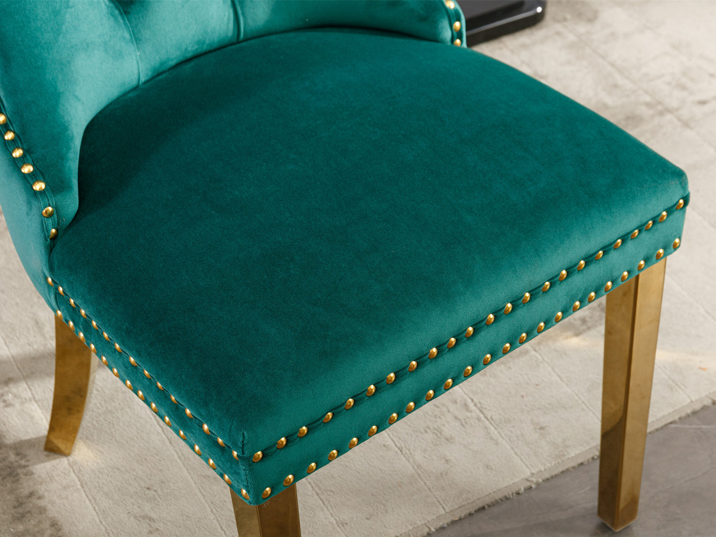 Modern Velvet Upholstered Dining Chairs Set of 2 with Gold Stainless Steel Legs and Nailhead Trim Black and Gold